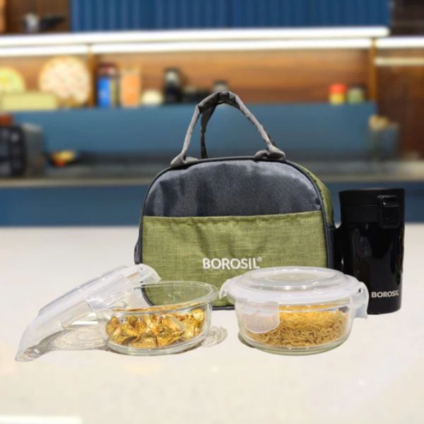 Borosil Metro 2 Containers Lunch Box with Coffeemate Travel Mug