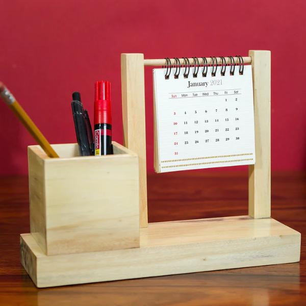 Wooden Desk Calendar with Calendar and Stationery holder