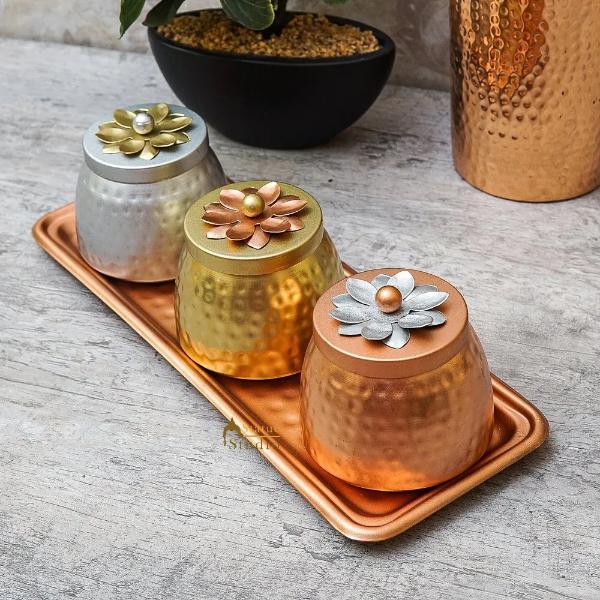 Set of 3 Hammered Brass Jars with a Tray