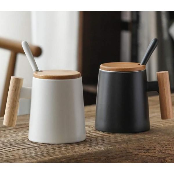 Ceramic Mug with Wooden Lid and Wooden Handle with Spoon 