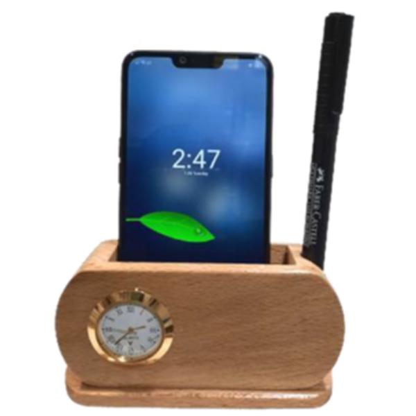 Wooden Pen Stand With Clock And Mobile Holder